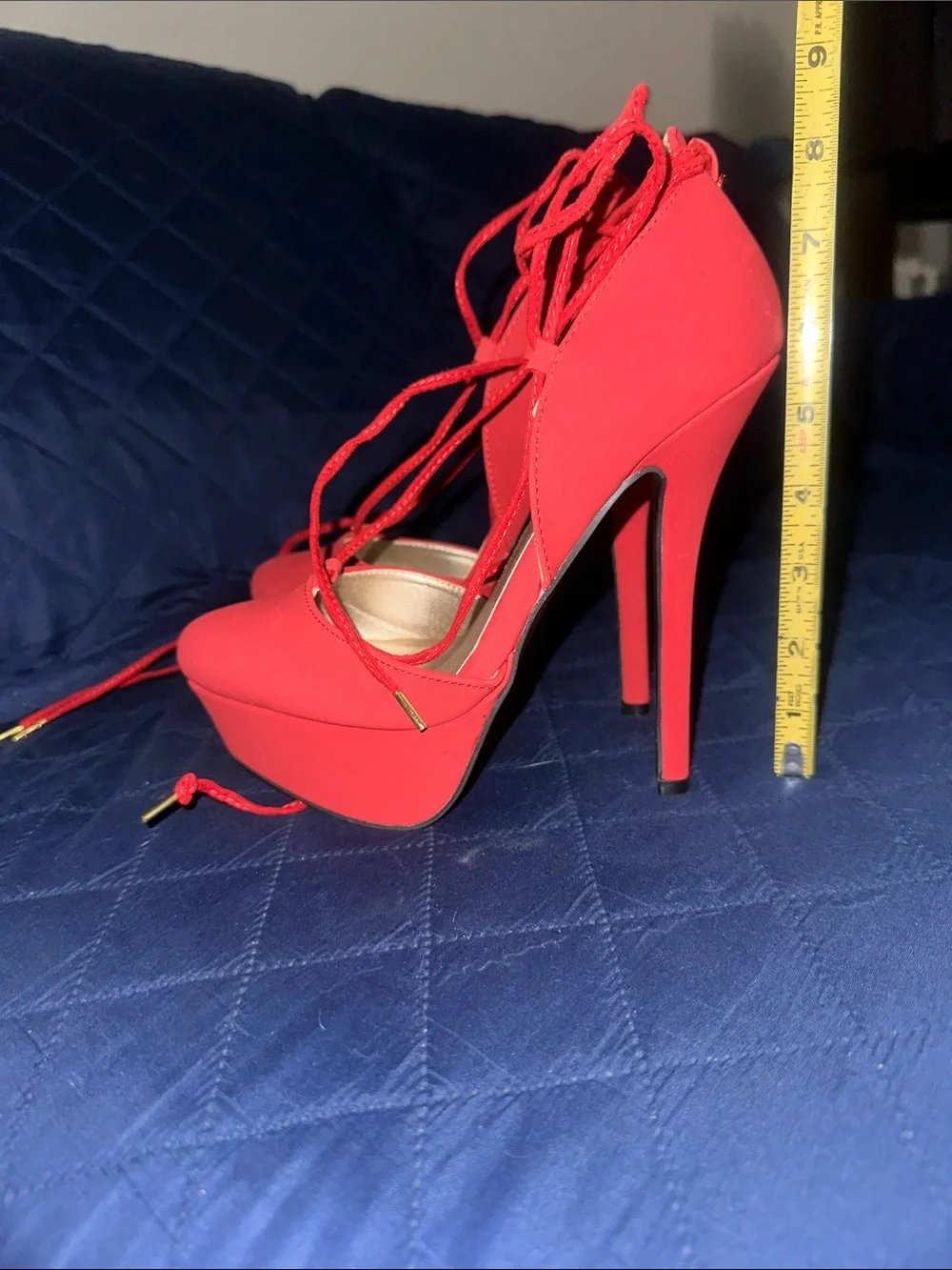 Qupid Red Lace-Up Platform Stiletto Heels